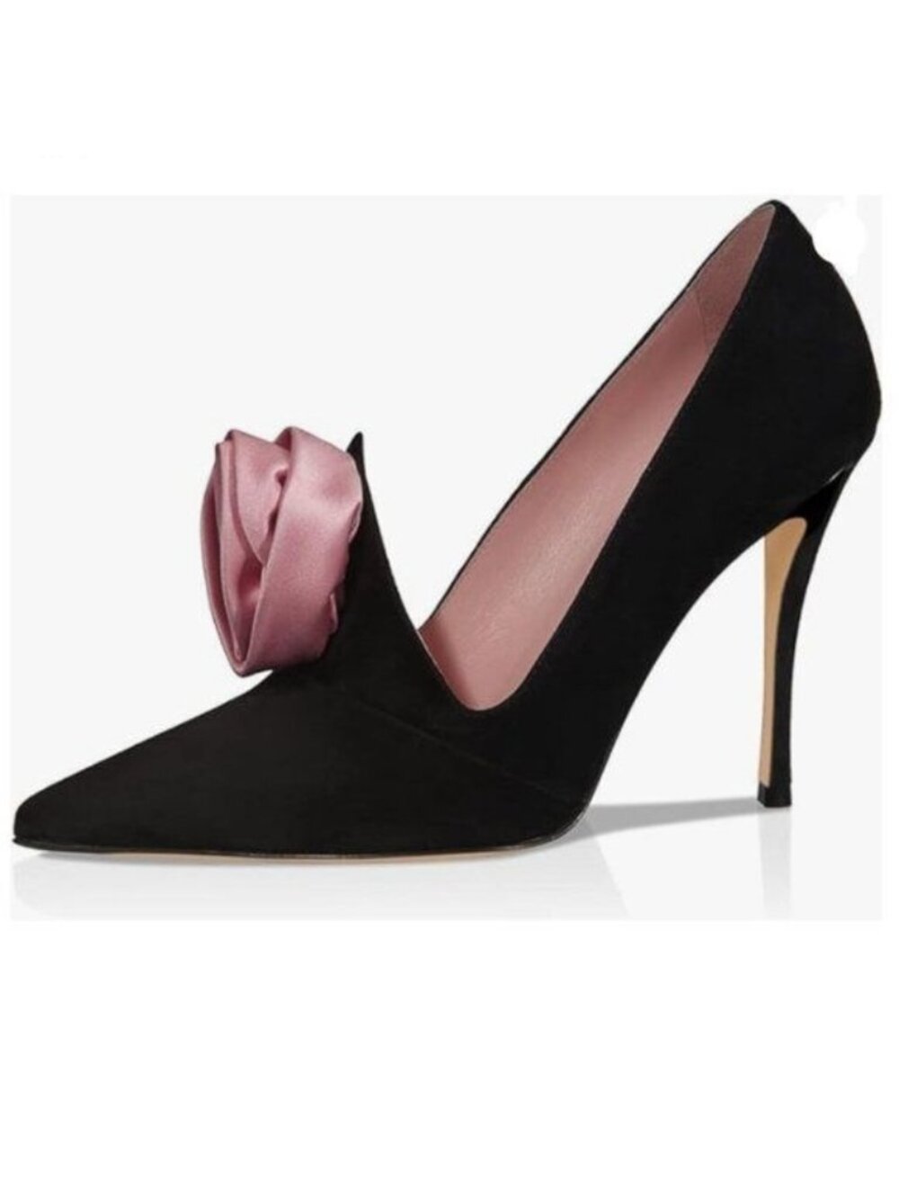 XYD Black Dress Pumps Suede Pointed Toe High Heels Stilettos Rose Flower Shoes